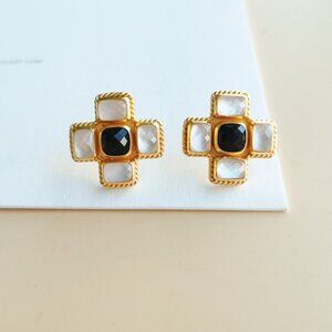 Julie Vos Savoy Collection. Gold Clear Crystal & Black Obsidian Stud Earrings